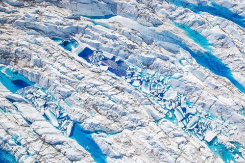 Surface meltwater on the Greenland Ice Sheet, visible impact of climate change, Aerial view,