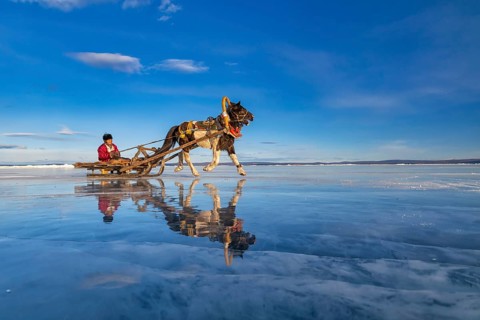 A local resident from northern Mongolia crosses Khuvsgul Lake, which is icy on slits drawn by a