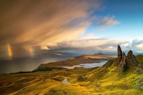Double rainbow near the Old Man of Storr, Trotternish Peninsula, Isle of Skye, Scotland, UK