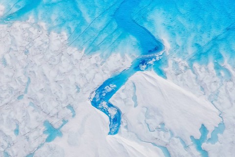 Surface meltwater lakes on the Greenland Ice Sheet, visible impact of climate change, Aerial view,