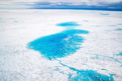 Surface meltwater lakes on the Greenland Ice Sheet, visible impact of climate change, Aerial view,