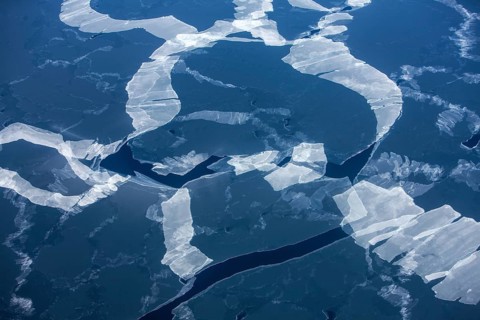 Melting pack ice, Arctic ocean, visible impact of climate change, Aerial view, Arctic, Greenland,