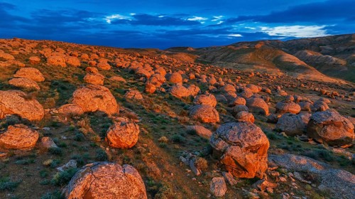 Sunset at Torysh Valley, the Valley of Balls, with thousands of natural spherical rock formations