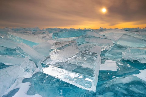 Lake Baikal, ice hummocks—fragments of broken ice in winter, ancient freshwater lake, UNESCO World