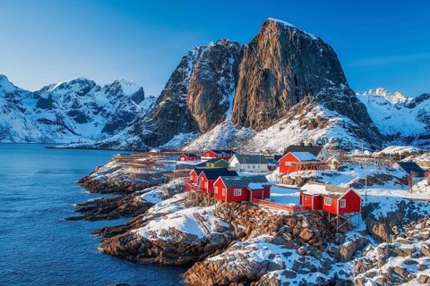 Winter scenic view of fishermen's cabins on Hamnøy, Lofoten Archipelago, Norway