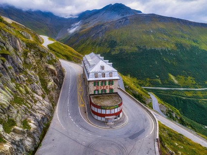 Hotel Belvedere, Aerial view in summer season, Furka Pass, Obergoms, Goms District, Valais,