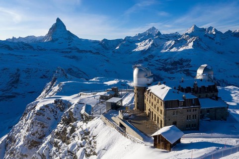 Winter aerial view of the Gornergrat Kulm Hotel, an observatory and hotel at 3, 089?m above sea