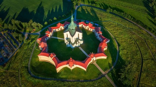 Church of St. John of Nepomuk at Zelená hora, aerial view at summer sunset, Baroque-Gothic