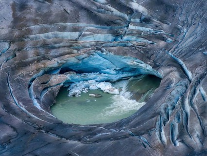 Rhone Glacier, Hole formed by ice collapse, Climate Change, Aerial view, Furka Pass, Oberwald, Goms