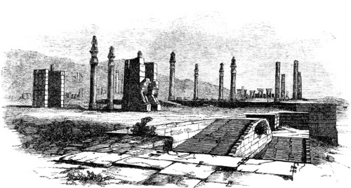 Ruins of Persepolis, ancient Persian residence in Persia, founded 520 BC, entrance stairs, statues