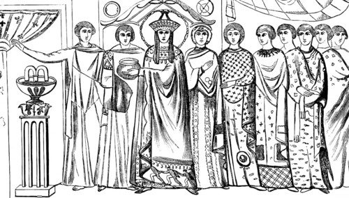 Empress Theodora and entourage, ladies in waiting robes and court officials, mosaic from St. Vitale