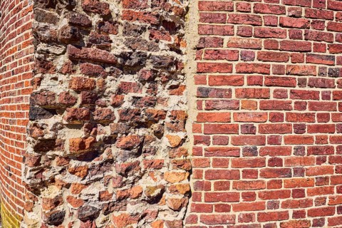 Thief tower, brick building, facade, broken edge, joints, masonry, building material brick,