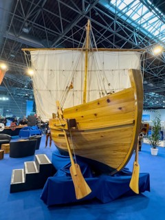 Press photo Replica of an ancient historic Roman merchant ship by the University of Trier on a