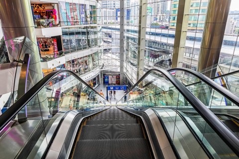 Themed shopping mall, Thailand's longest escalator, luxury stores, Terminal 21, Bangkok, Thailand's