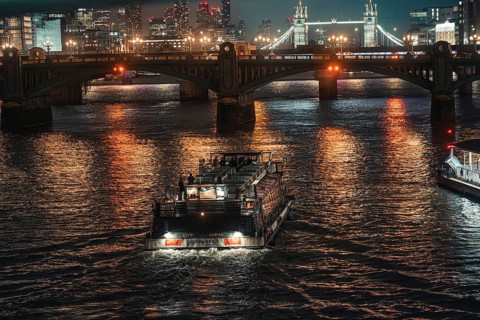 Boat under an illuminated bridge on a river at night, city lights reflecting in water, London,