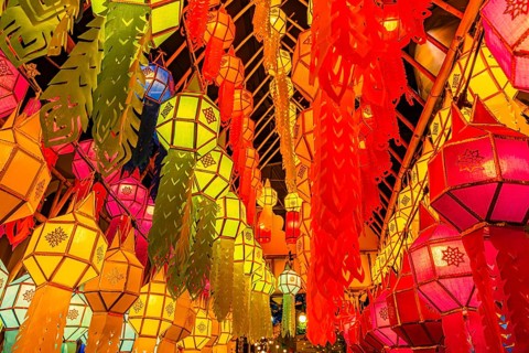Illuminated, colorful lanterns as decoration in Iconsiam shopping center, Bangkok, Thailand's