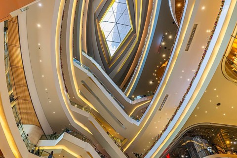 Skylight and various floors connected by escalators in Iconsiam Shopping Center, Bangkok,