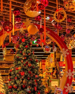 Christmassy decorated candy shop with Christmas tree and Christmas balls, Iconsiam shopping center,