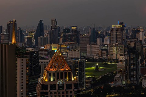 Over the rooftops of Bangkok, evening light, view from the Moon Bar on the roof terrace of the