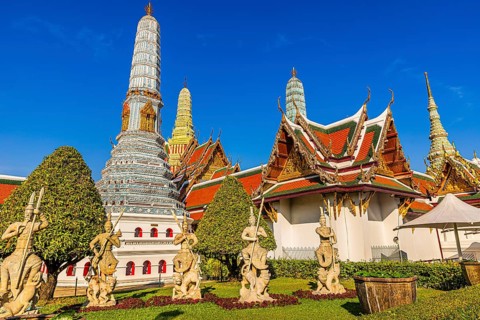 The Grand Royal Palace, Wat Phra Kaeo Buddhist Temple, buildings with overlapping roofs with curved