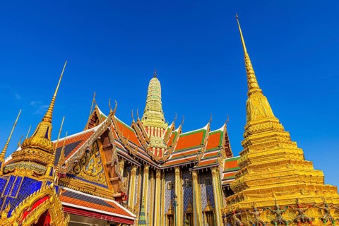 The Grand Royal Palace, Wat Phra Kaeo Buddhist Temple, buildings with overlapping roofs with curved
