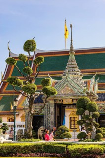 The Grand Royal Palace, trees with spherical branches, Dusida Bhirom Hall in the back, Phra Nakhon,