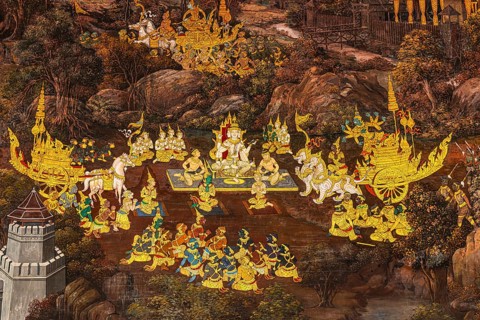 The Grand Royal Palace, Wat Phra Kaeo Buddhist Temple, wall painting on galleries with Buddhist