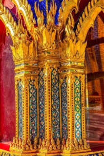 The Grand Royal Palace, Wat Phra Kaeo Buddhist Temple, gilded columns with ceramic inlays, Phra