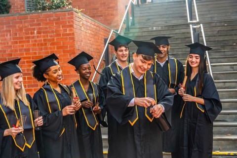 Diverse group of smiling university graduates in caps and gowns celebrating educational success and