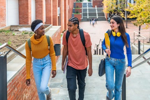 Diverse group of university students walking down outdoor stairs with books and backpacks, chatting
