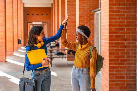 Joyful diverse students high fiving, celebrating achievement and friendship in a university