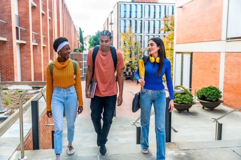 Diverse students walking down university campus stairs during a sunny day, carrying backpacks and