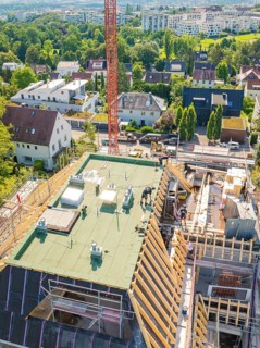 Top view of a building with a crane in an urban environment with lots of greenery, carpentry
