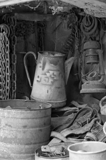 Old coffee pot, chains and utensils in an old cupboard on a former farm, Franconia, Bavaria,