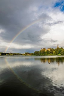 Rainbow over Linlithgow Palace, Linlithgow Loch, West Lothian, Scotland, United Kingdom