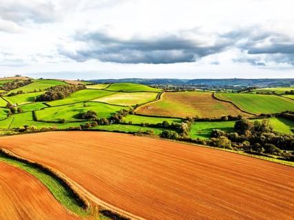 Colours of Devon Farms and Fields over Paignton and Berry Pomeroy from a drone, Totnes, England,