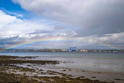 Rainbow over Forth Estuary, Forth Bridge, Queensferry Crossing, Scotland, UK