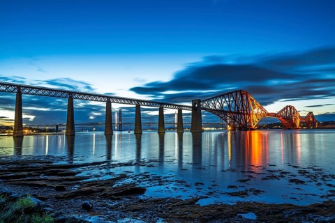 NIGHT over Forth Bridge, Queensferry Crossing, Forth Estuary, Scotland, UK