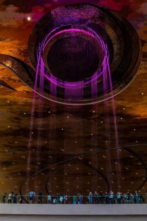 Artificial, brightly lit waterfall, Magic Waterfall, falls from the ceiling of the Iconsiam