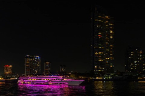 Illuminated tour boat on Chao Phraya River, night view, Bangkok, Thailand's metropolis, Thailand