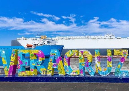 Panoramic view of Veracruz city port wharf and cargo ships at the docks. Largest port in Mexico