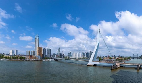 Panoramic view of Erasmus Erasmusbrug bridge in Rotterdam. Financial business district skyline