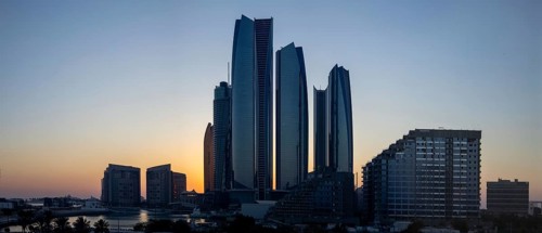 UAE, United Arab Emirates, Abu Dhabi waterfront downtown marina and coastal panorama and skyline