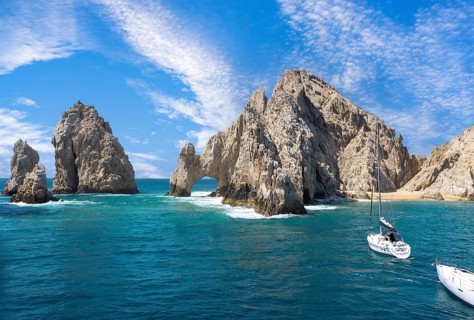 Scenic landmark tourist destination Arch of Cabo San Lucas, El Arco, whale watching and snorkeling
