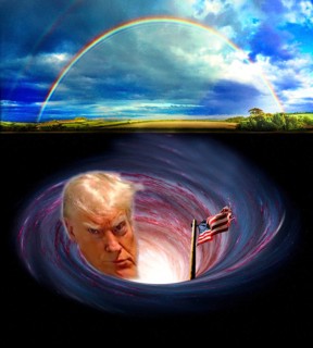 Symbolic image, Trump sinks into a wormhole, rainbow offers hope, polluted states in Europe and EU,