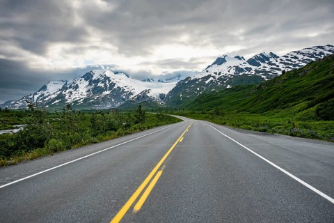 Road through mountain landscape, picturesque landscape with Worthington glacier, dramatic cloudy