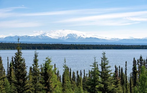 Lake Willow Lake, taiga landscape with high glaciated mountain peak Mount Wrangell, Wrangell