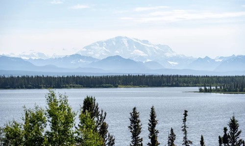 Lake Willow Lake, taiga landscape with high glaciated mountain peak Mount Blackburn, Wrangell