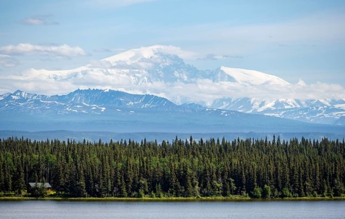Lake Willow Lake, taiga landscape with high glaciated mountain peak Mount Sanford, Wrangell