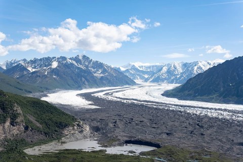 View of impressive mountain landscape with Matanuska glacier and glaciated mountain peaks, Lion's